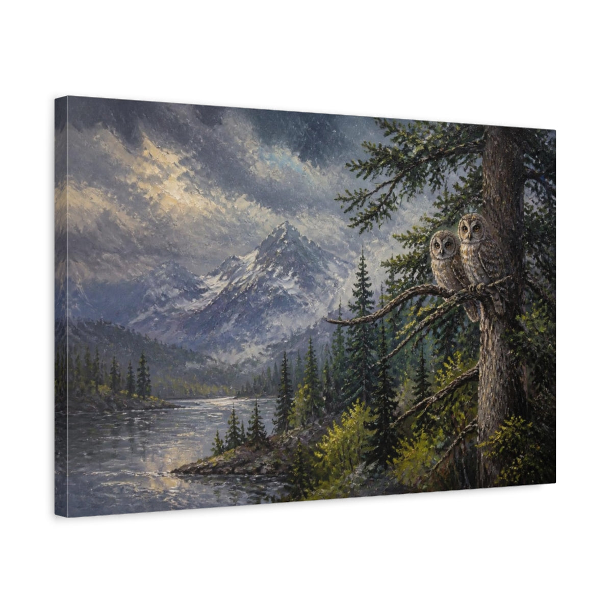 Side Mockup 3. Twilight Mountain Owls shown as canvas print
