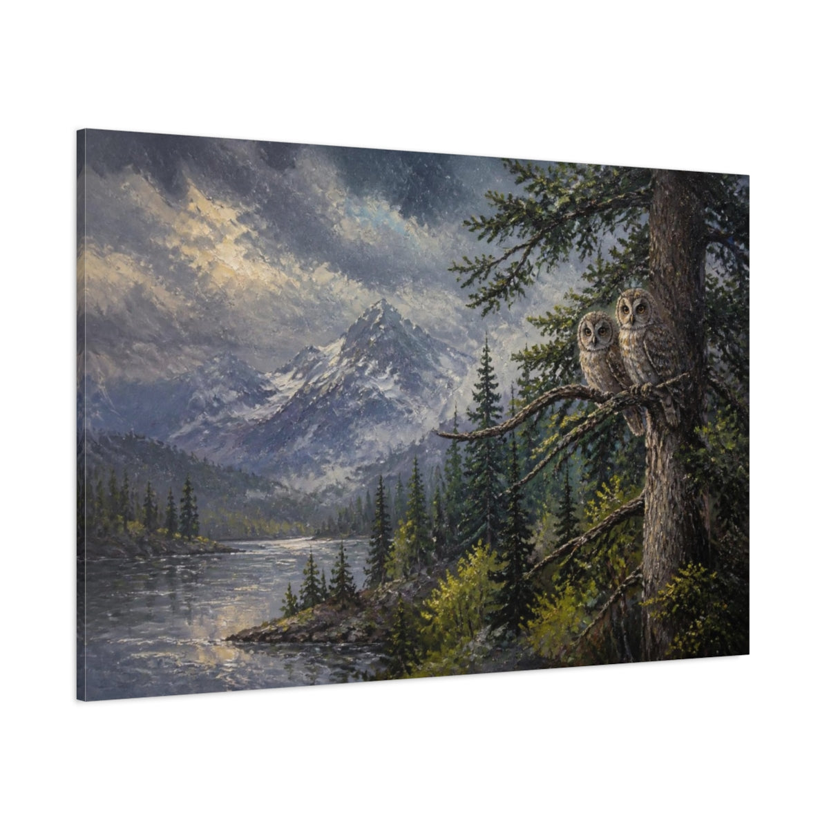 Side Mockup 1. Twilight Mountain Owls shown as canvas print