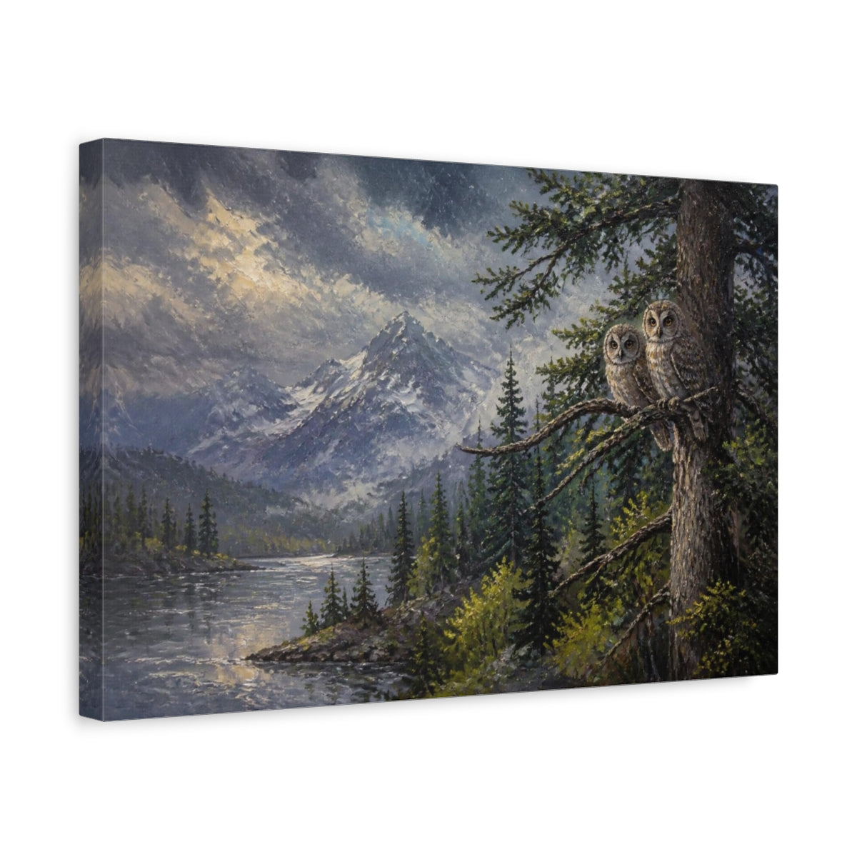 Side Mockup 4. Twilight Mountain Owls shown as canvas print