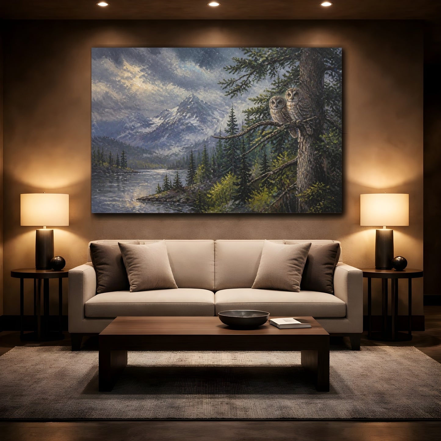 Mockup 2. Twilight Mountain Owls shown as canvas print