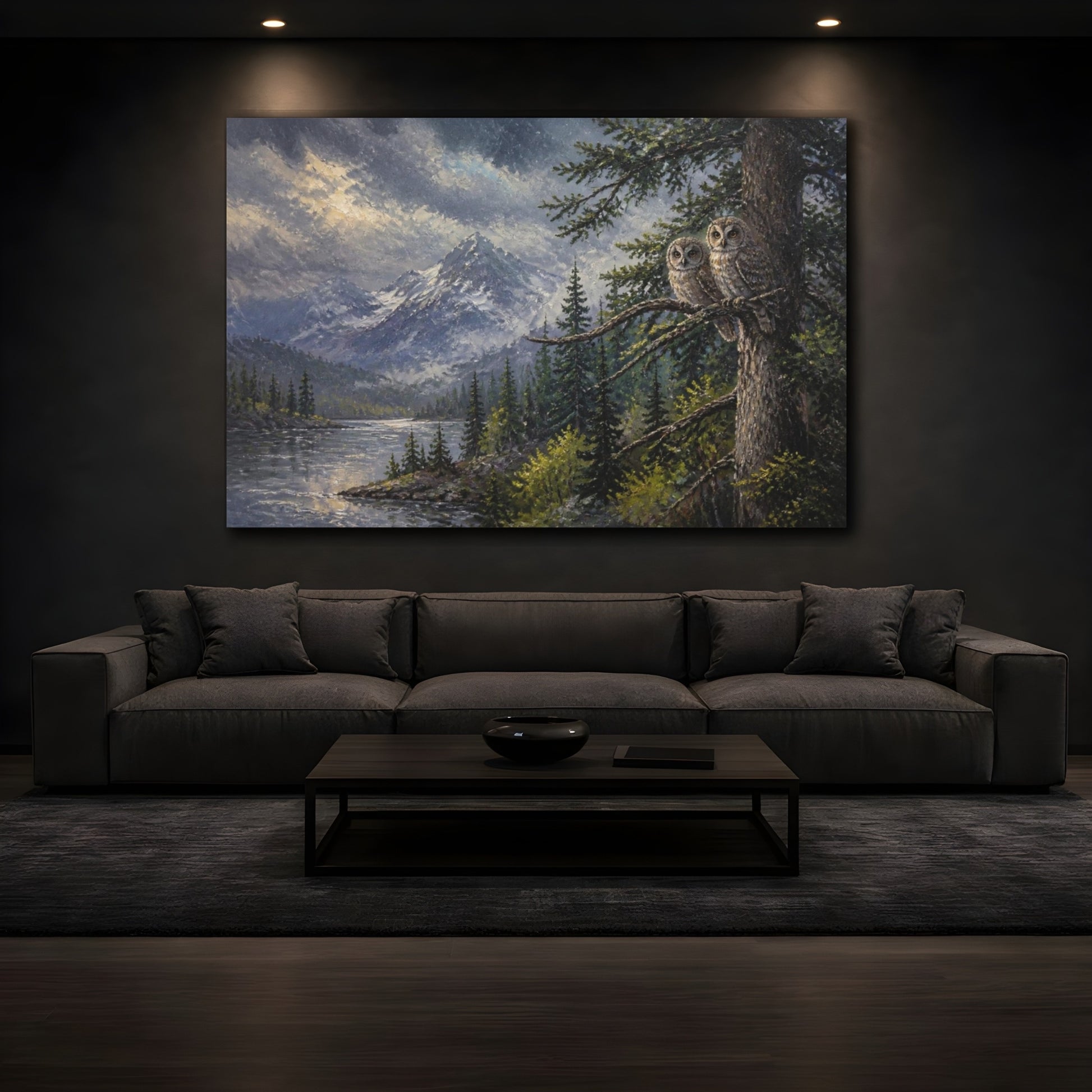 Mockup 3. Twilight Mountain Owls shown as canvas print