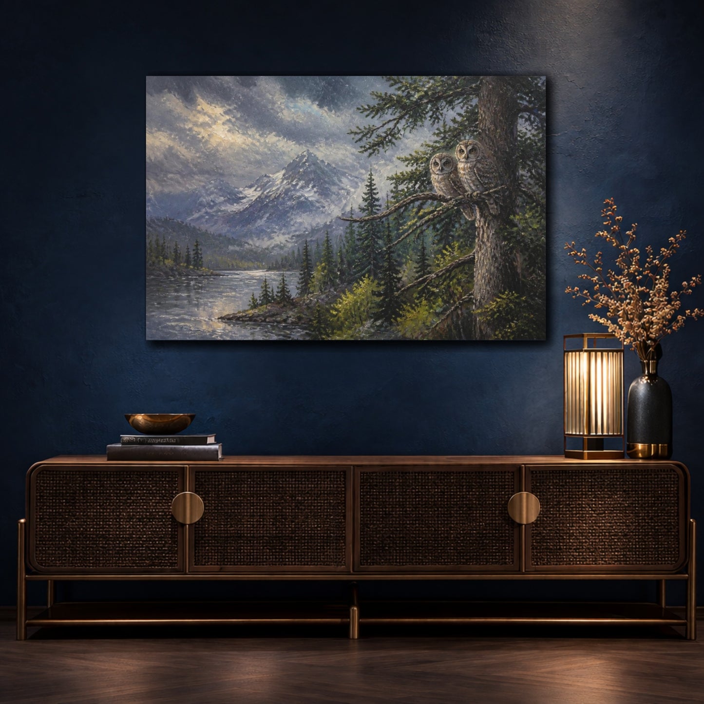 Mockup 4. Twilight Mountain Owls shown as canvas print