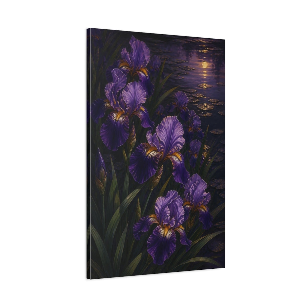 Main Mockup. Twilight Purple Iris Flowers shown as canvas print