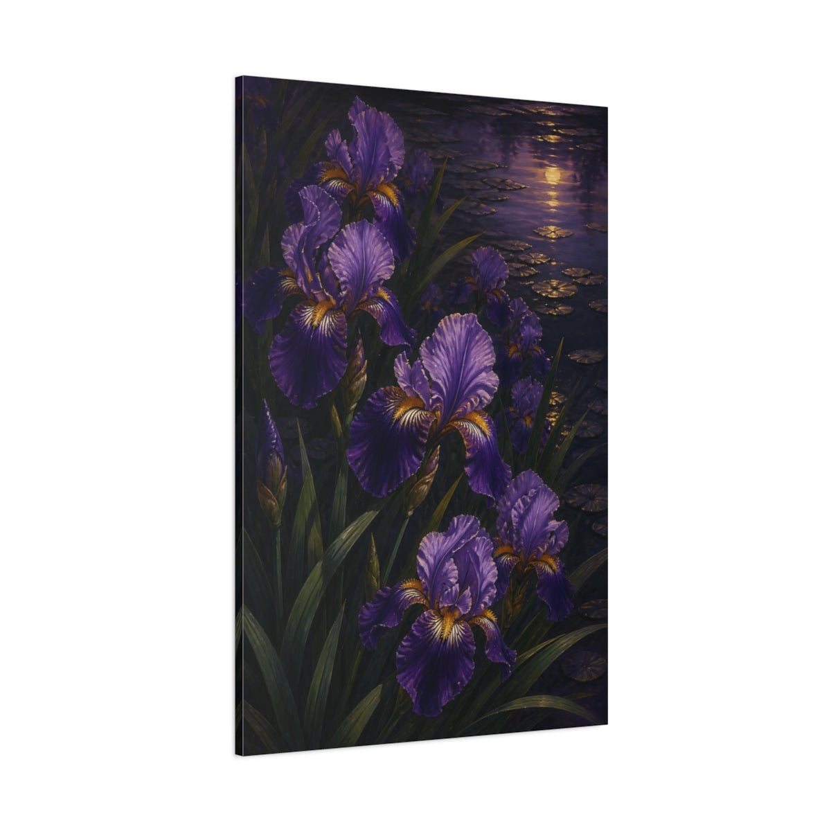Side Mockup 1. Twilight Purple Iris Flowers shown as canvas print