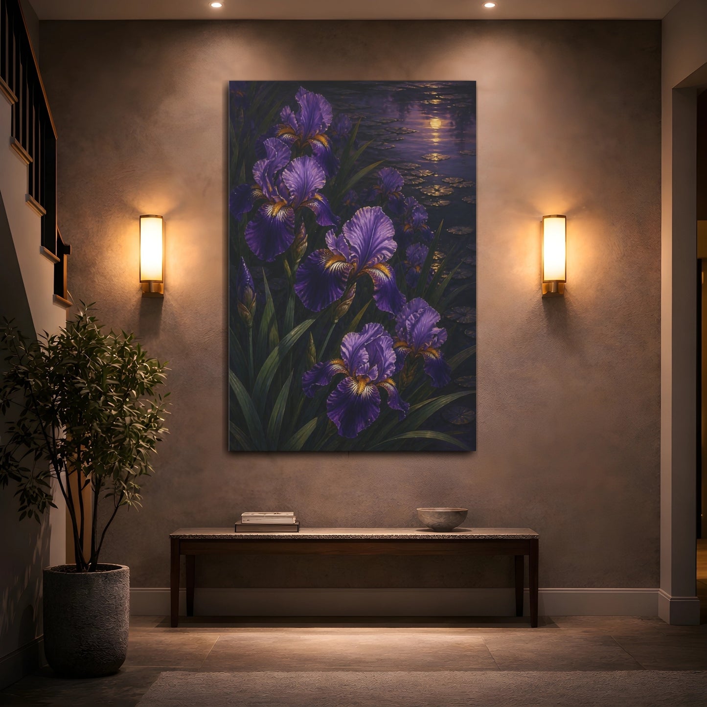 Mockup 2. Twilight Purple Iris Flowers shown as canvas print