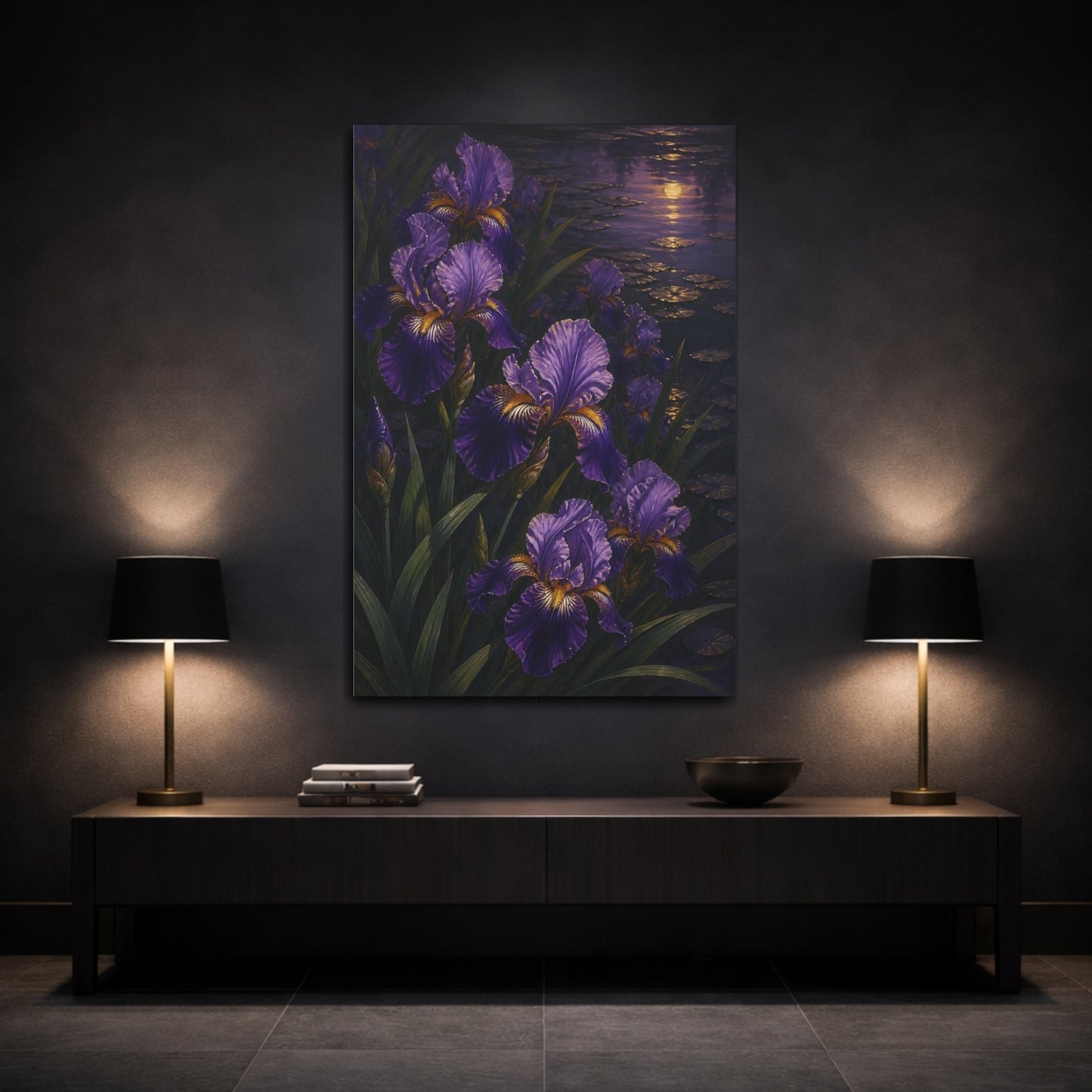 Mockup 3. Twilight Purple Iris Flowers shown as canvas print