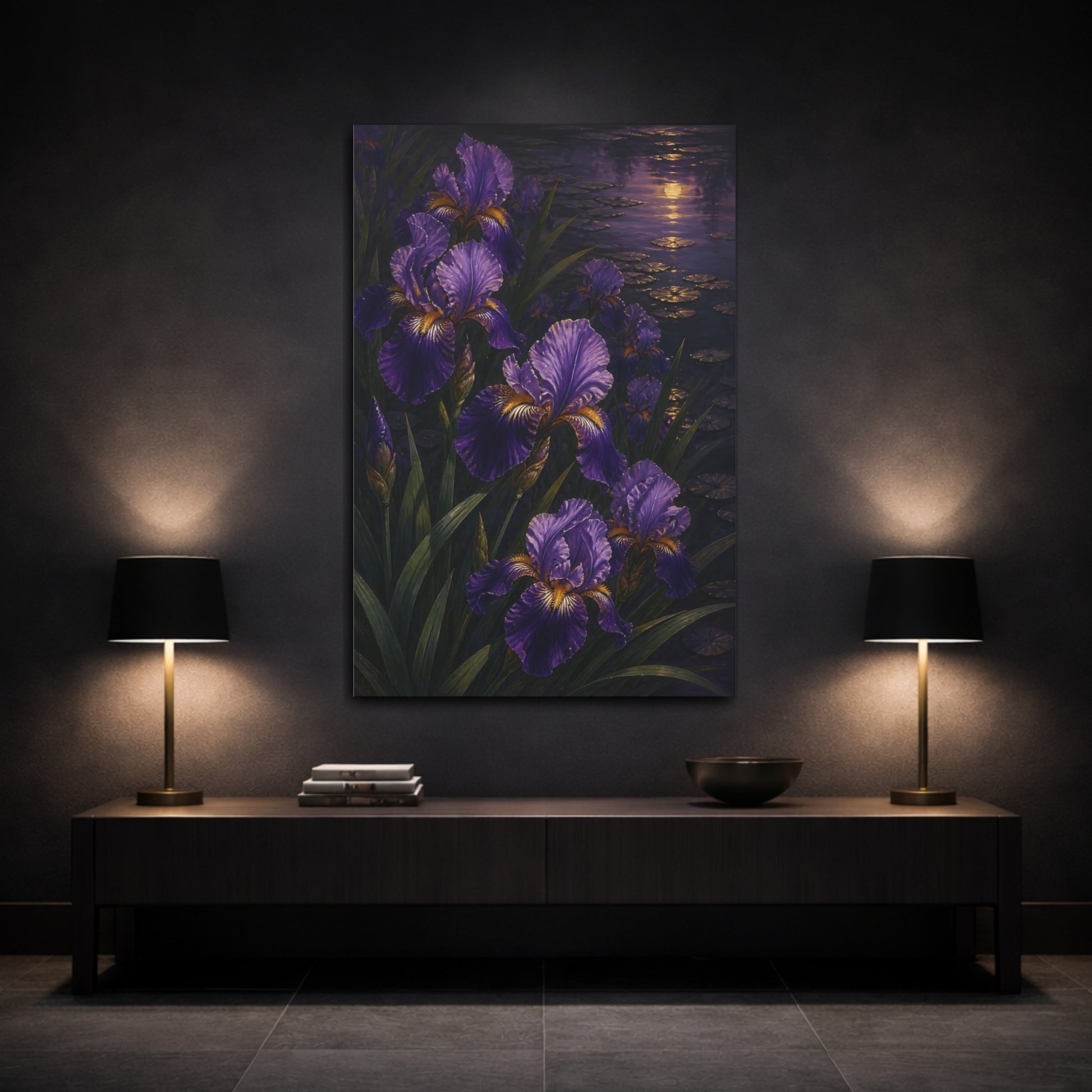 Mockup 3. Twilight Purple Iris Flowers shown as canvas print