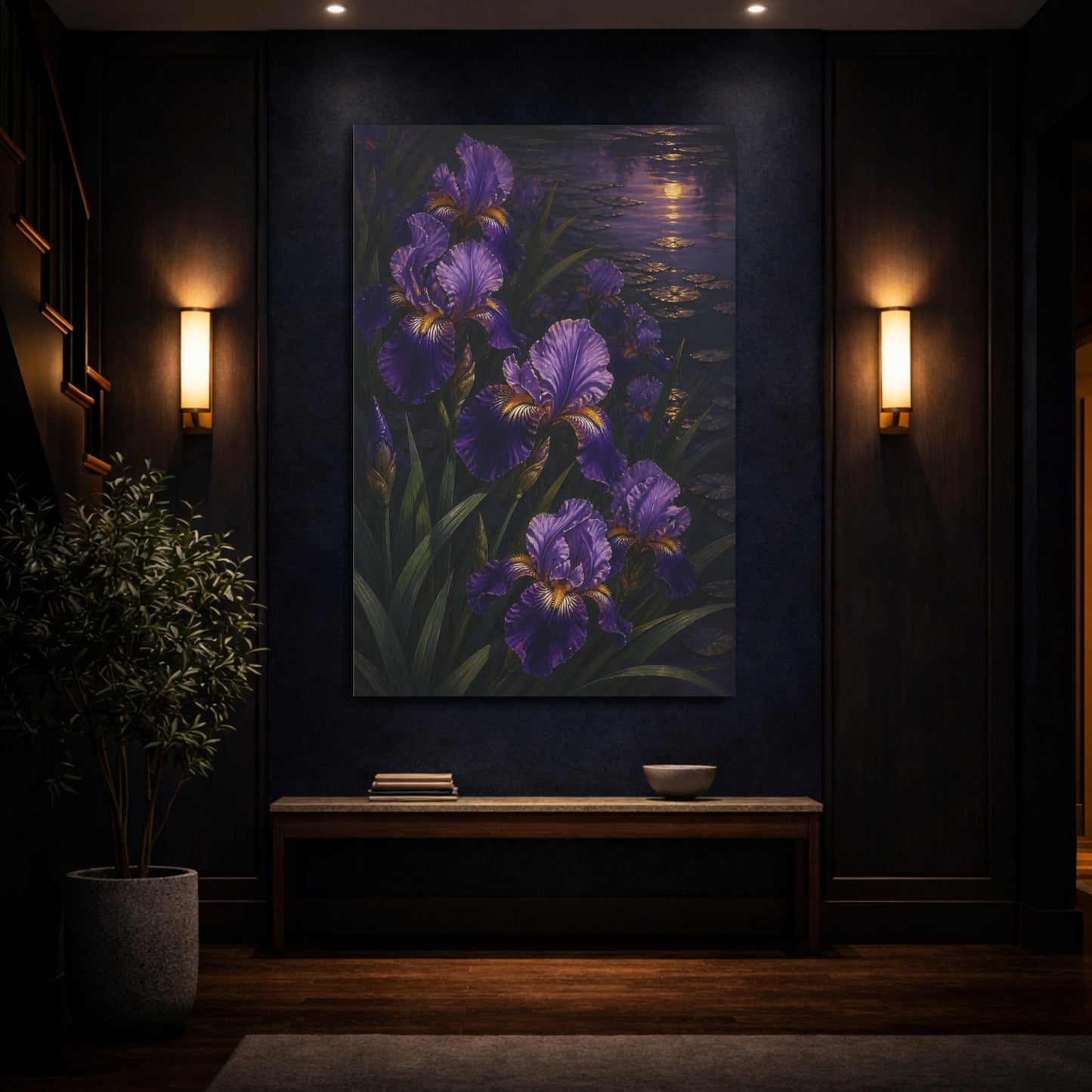 Mockup 4. Twilight Purple Iris Flowers shown as canvas print