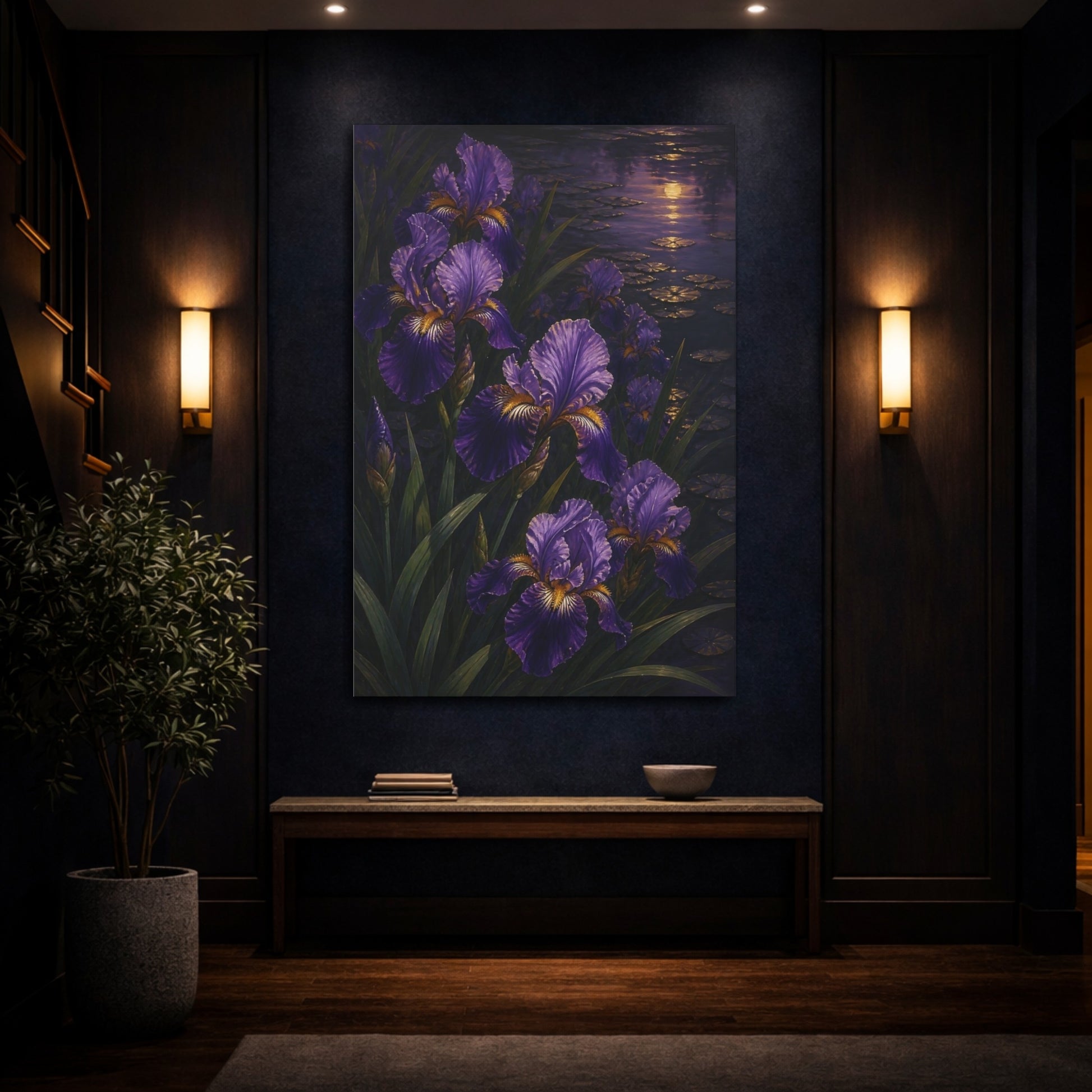 Mockup 4. Twilight Purple Iris Flowers shown as canvas print