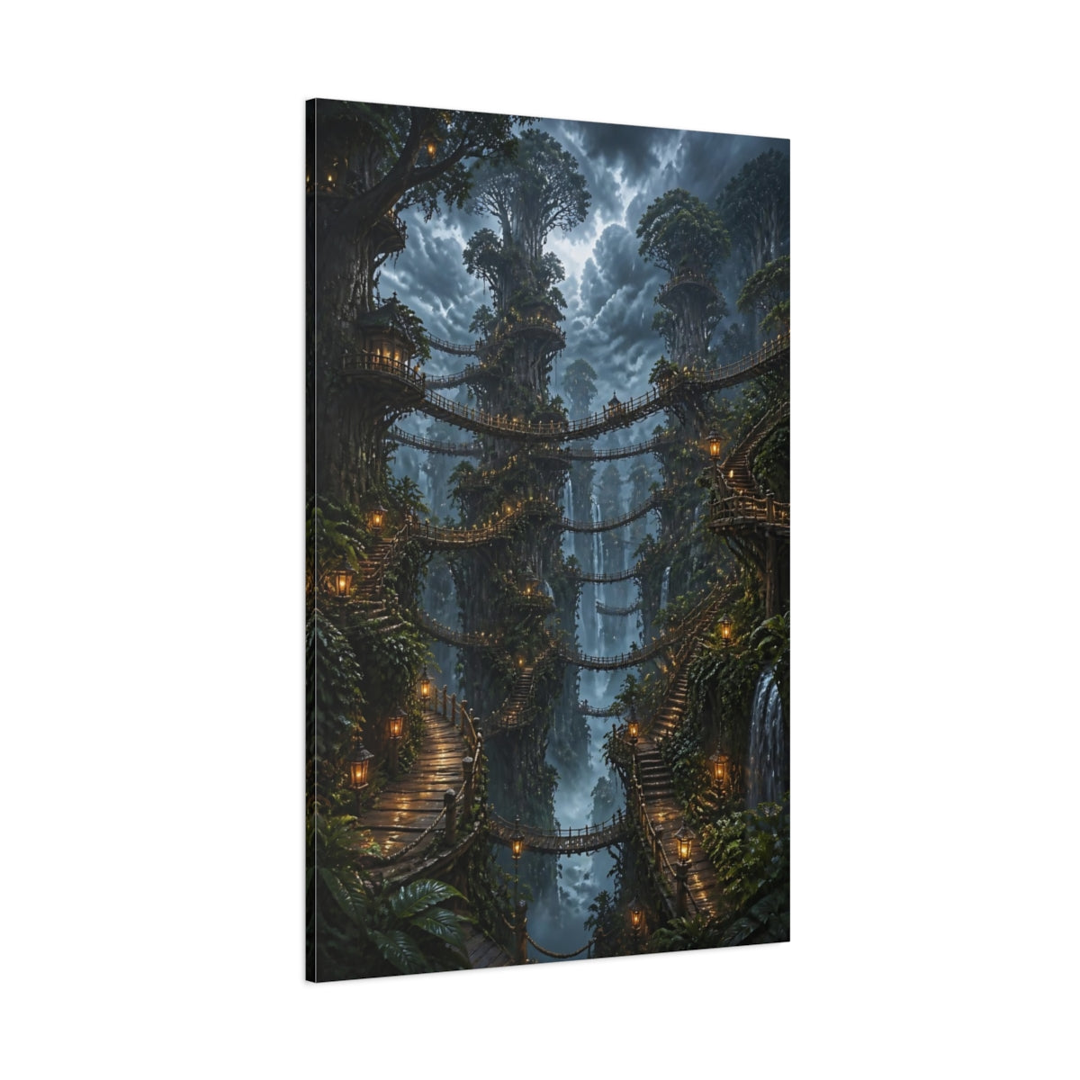 Side Mockup 1. Twilight Treehouse Village shown as canvas print