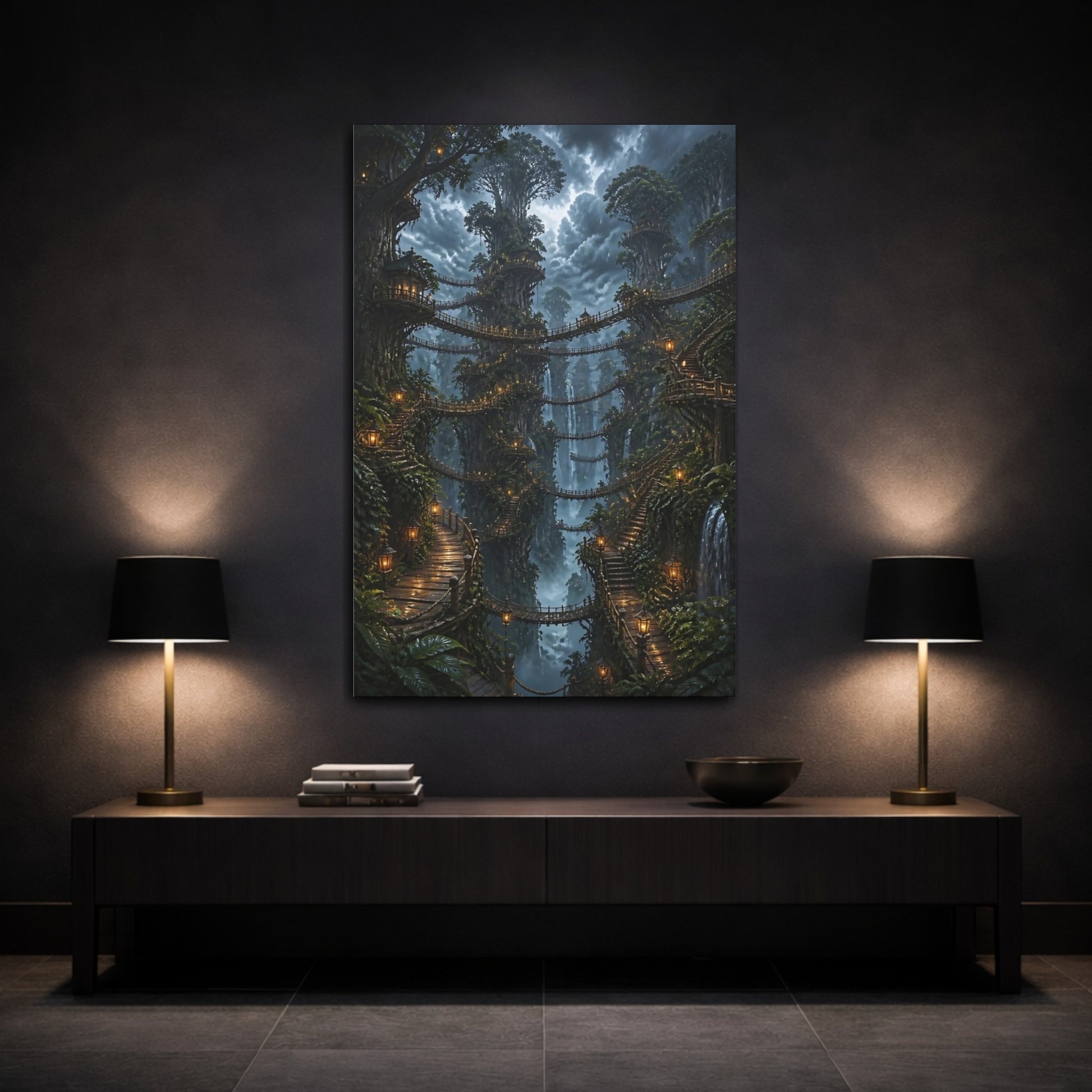 Mockup 3. Twilight Treehouse Village shown as canvas print