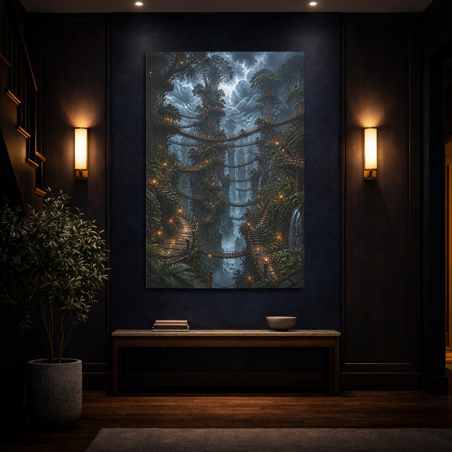 Mockup 4. Twilight Treehouse Village shown as canvas print
