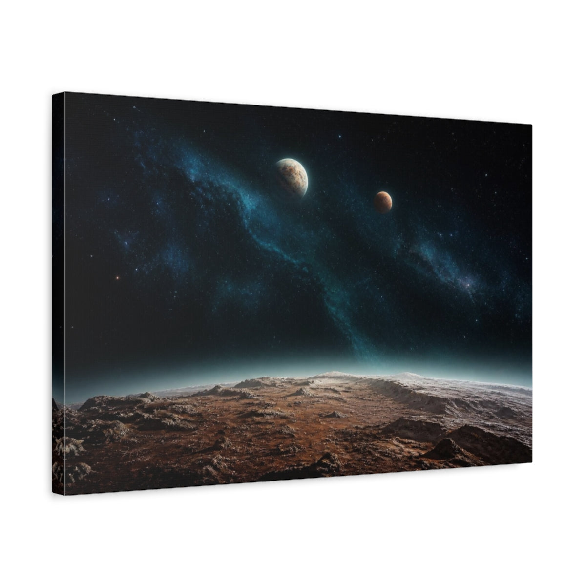 Side Mockup 3. Two Distant Planets shown as canvas print