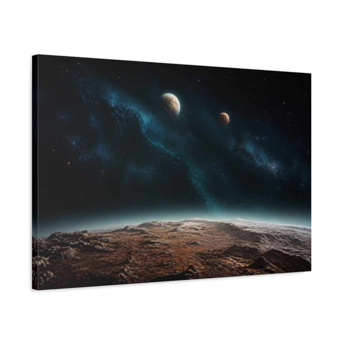 Side Mockup 2. Two Distant Planets shown as canvas print