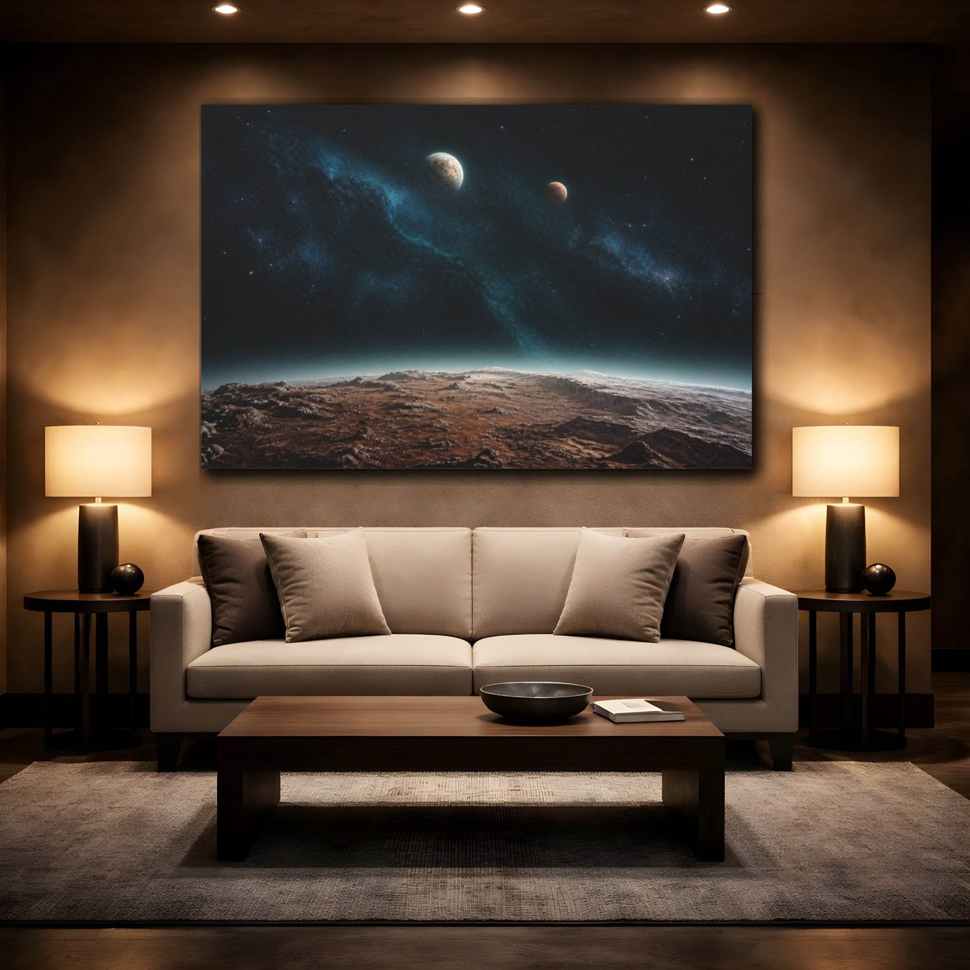 Mockup 2. Two Distant Planets shown as canvas print