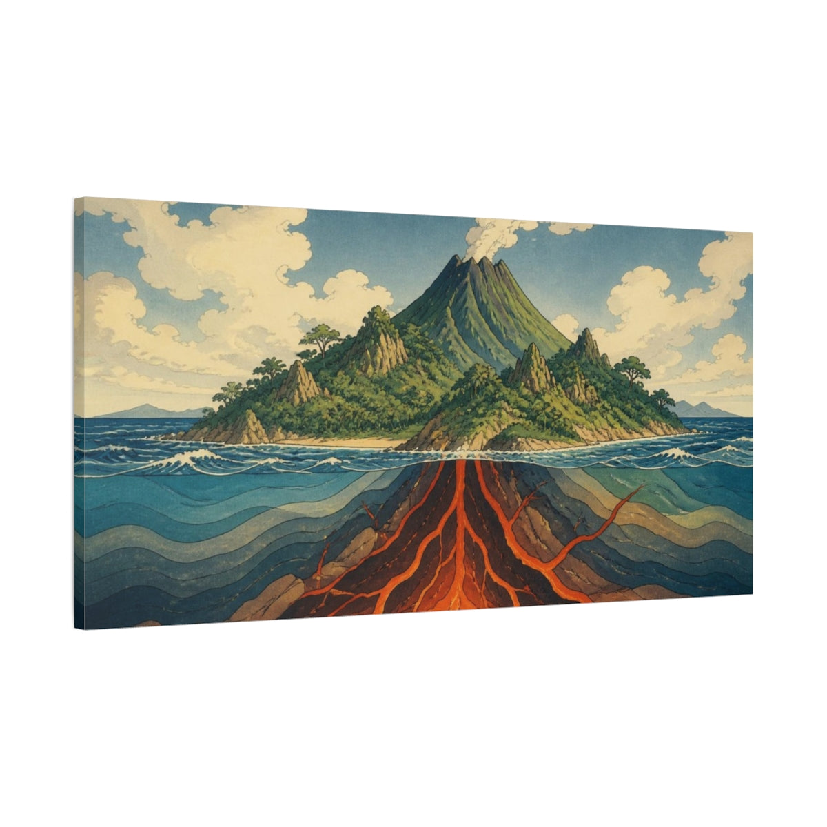 Main Mockup. Ukiyo-E Volcano Cross-Section shown as canvas print