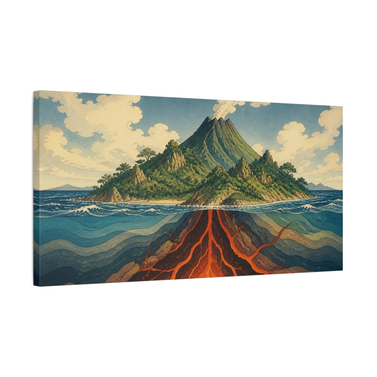 Side Mockup 1. Ukiyo-E Volcano Cross-Section shown as canvas print
