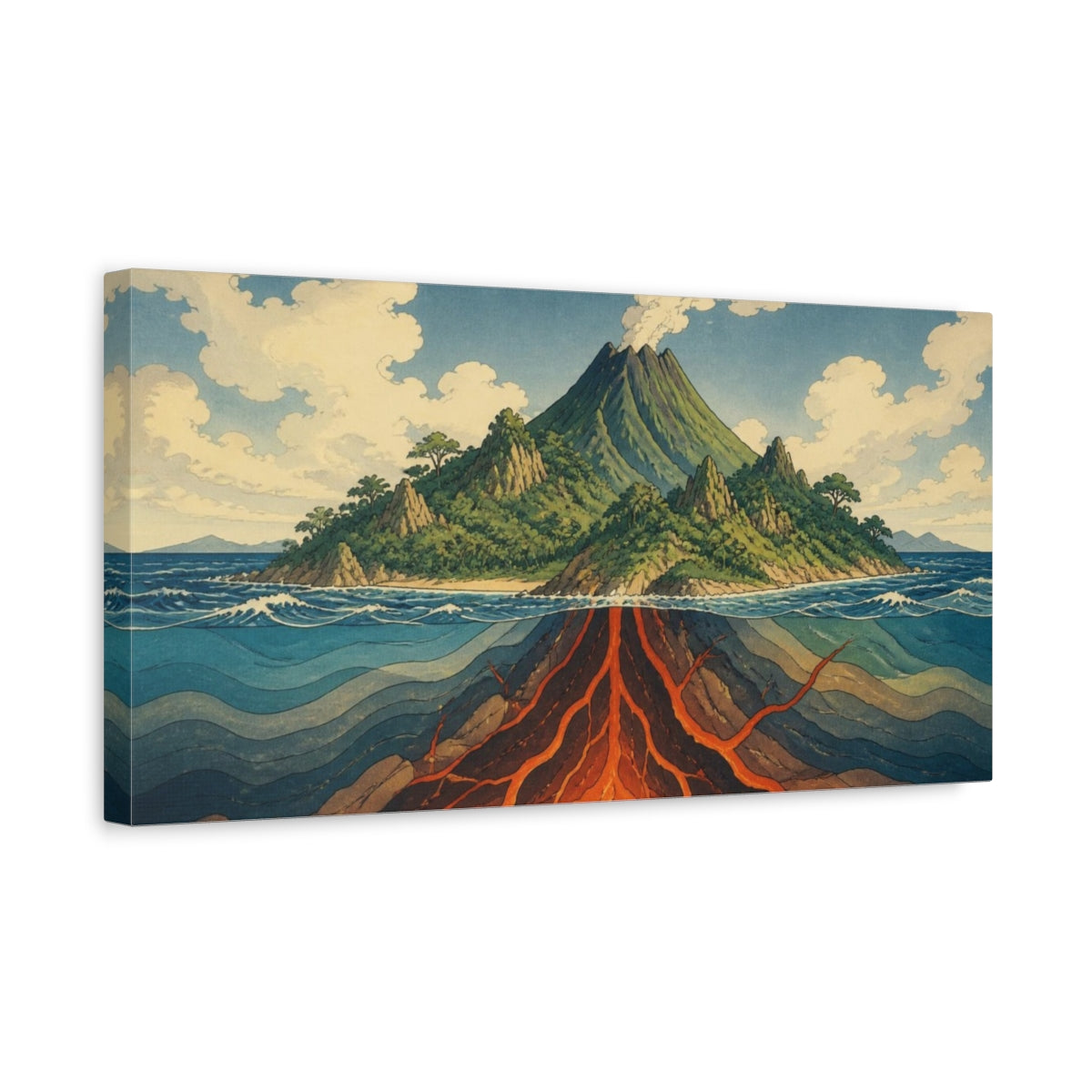 Side Mockup 3. Ukiyo-E Volcano Cross-Section shown as canvas print
