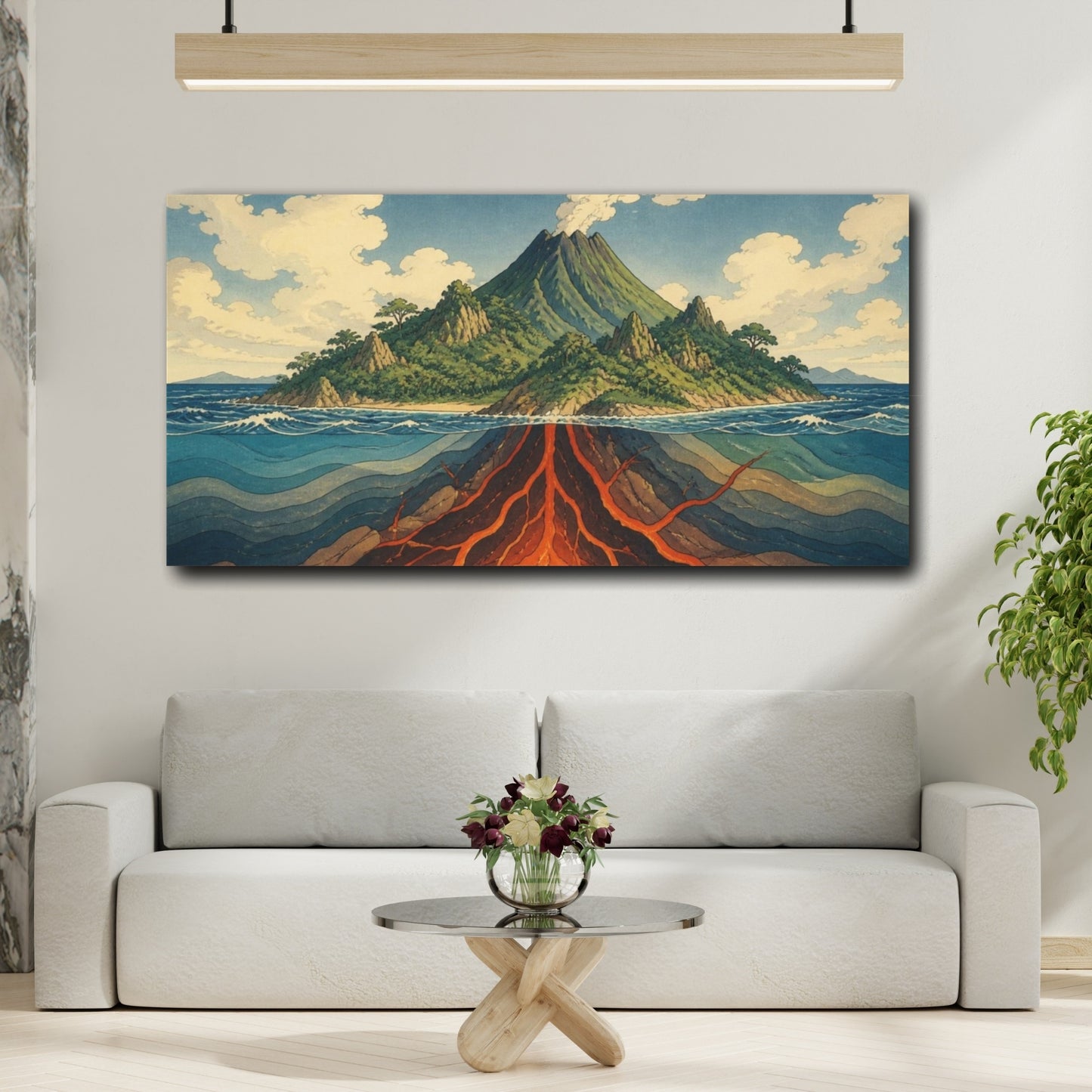 Mockup 2. Ukiyo-E Volcano Cross-Section shown as canvas print