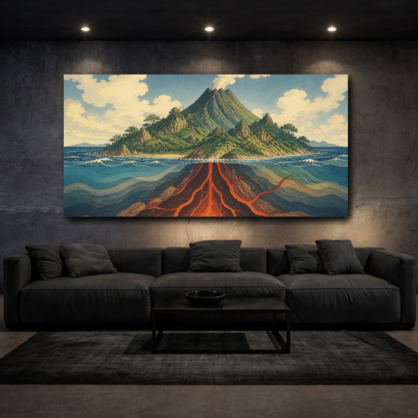 Mockup 3. Ukiyo-E Volcano Cross-Section shown as canvas print