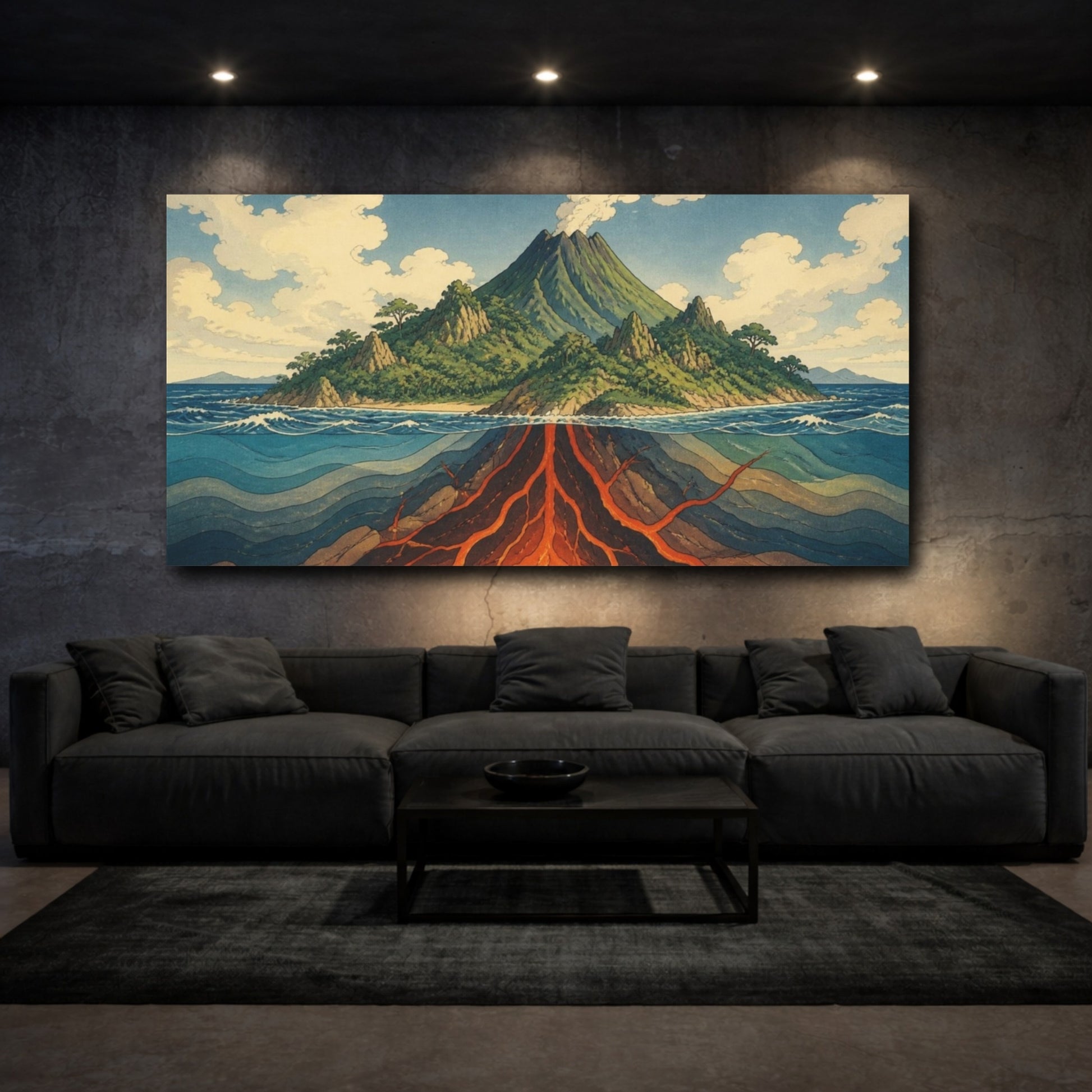 Mockup 3. Ukiyo-E Volcano Cross-Section shown as canvas print