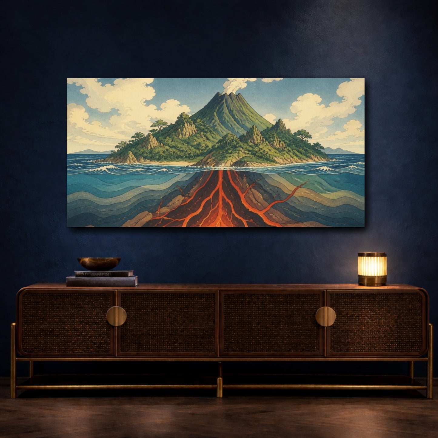 Mockup 4. Ukiyo-E Volcano Cross-Section shown as canvas print