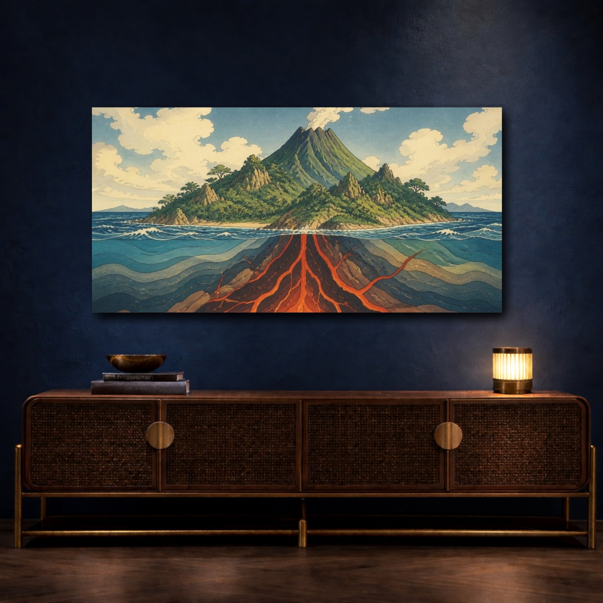 Mockup 4. Ukiyo-E Volcano Cross-Section shown as canvas print
