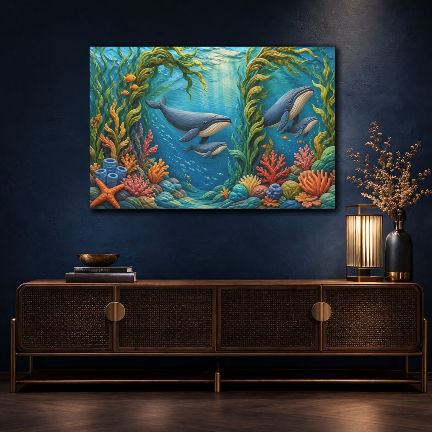 Mockup 4. Undersea Whale Family shown as canvas print