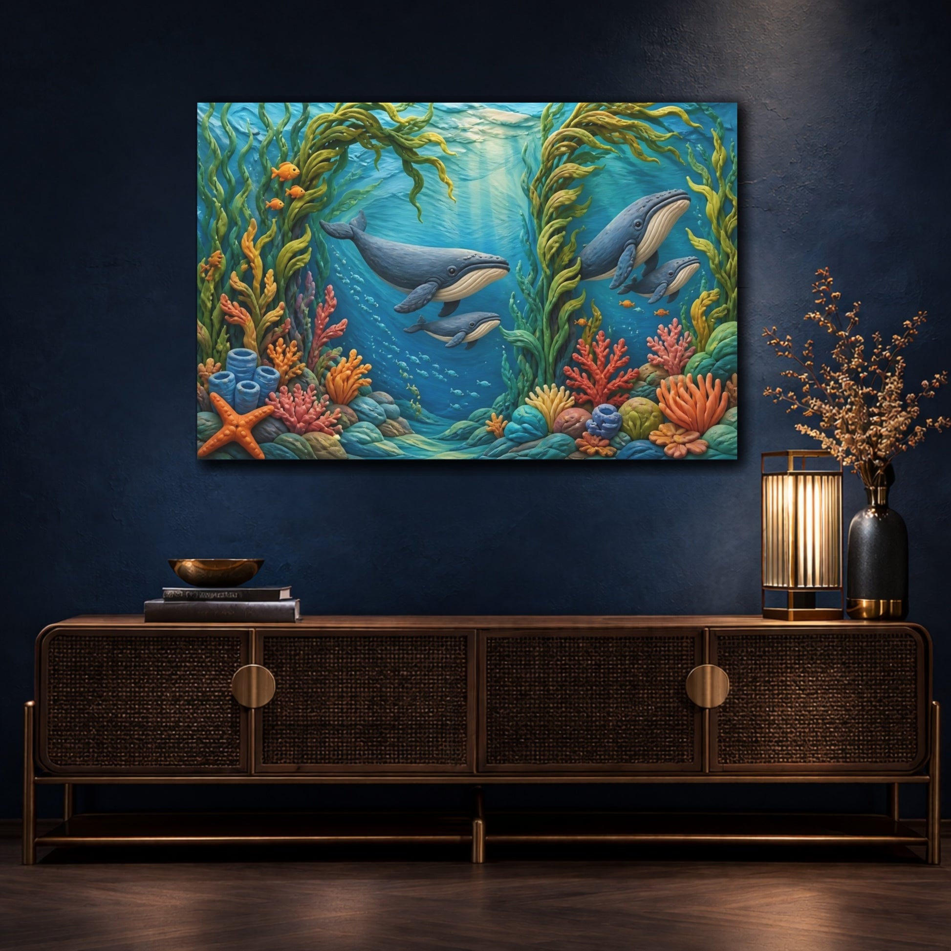 Mockup 4. Undersea Whale Family shown as canvas print