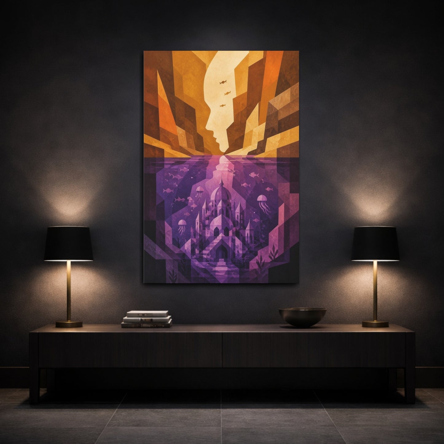 Mockup 3. Underwater Palace Illusion shown as canvas print