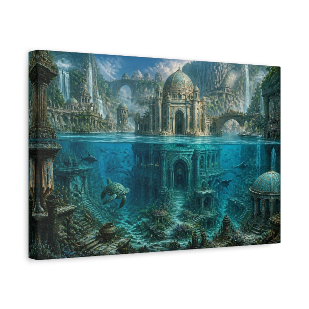 Side Mockup 4. Underwater Temple City shown as canvas print
