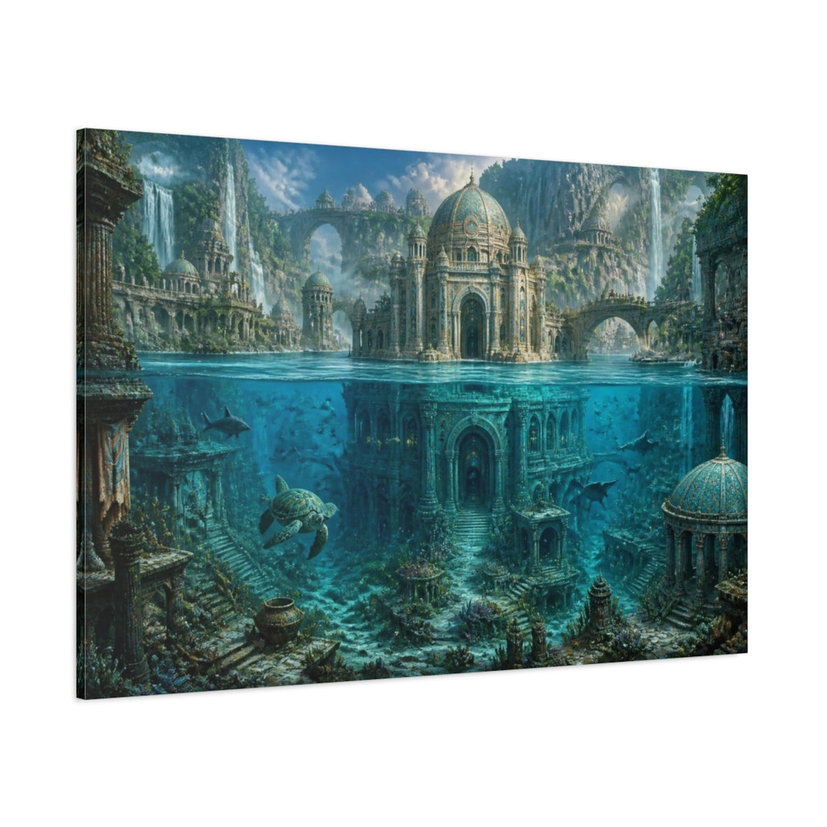 Side Mockup 1. Underwater Temple City shown as canvas print