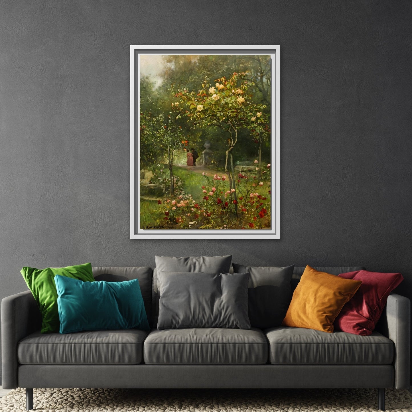 Unter Rosen Flowers Canvas Wall Art Print - Hugo Charlemont Colorful Flower Garden - YesArtYes