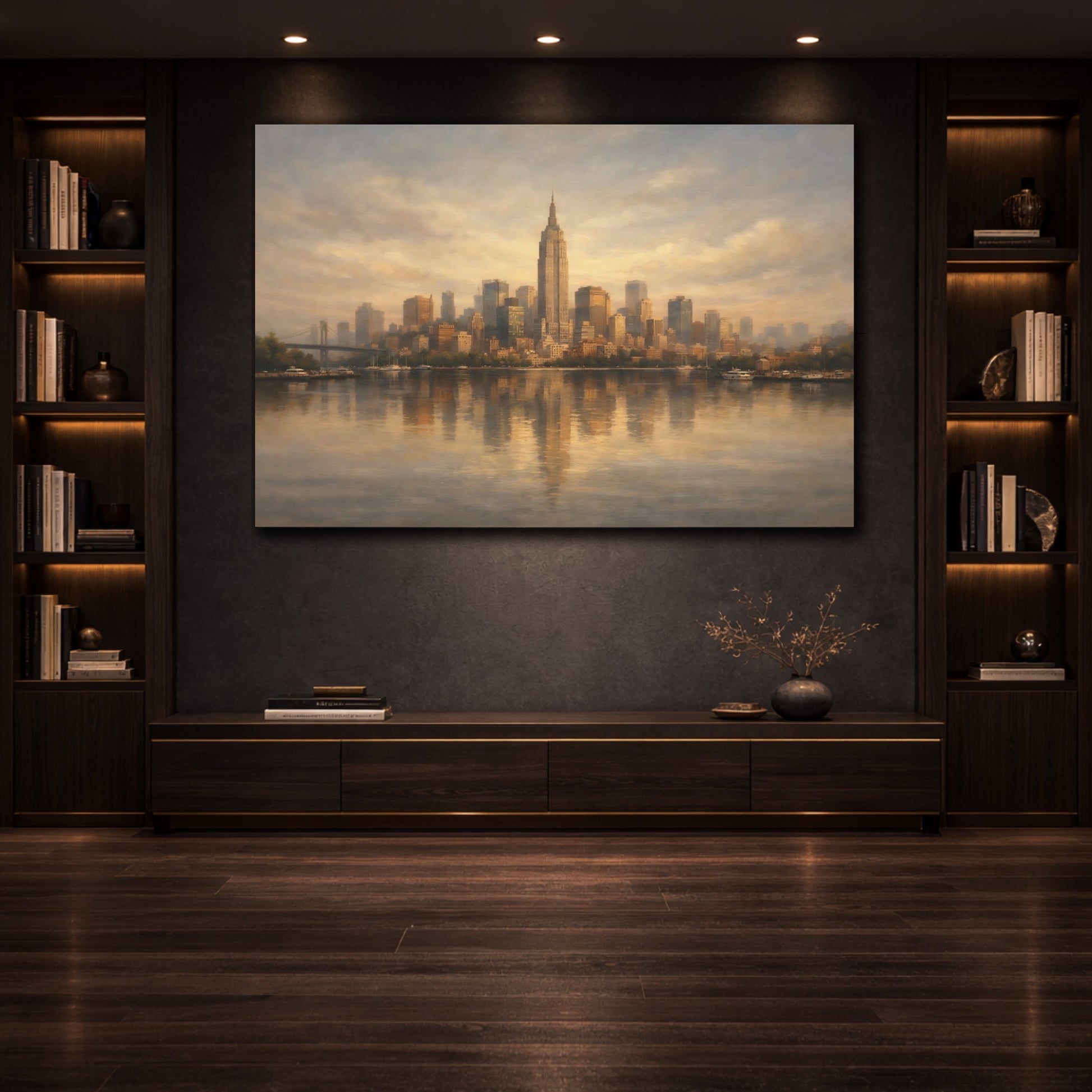 Mockup 3. Urban Calm Room Light Surface shown as stretched canvas wall art
