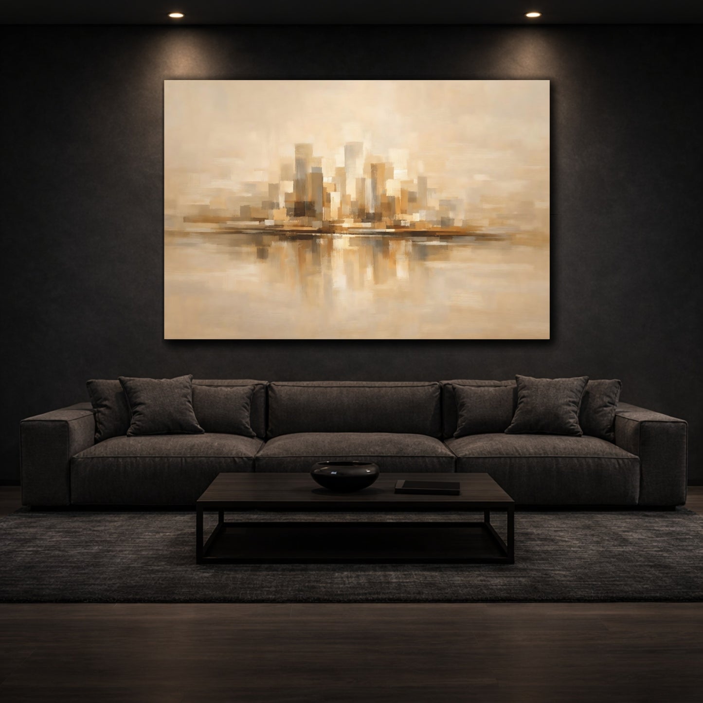 Mockup 2. Urban Warm Beige Abstract Flow shown as stretched canvas wall art