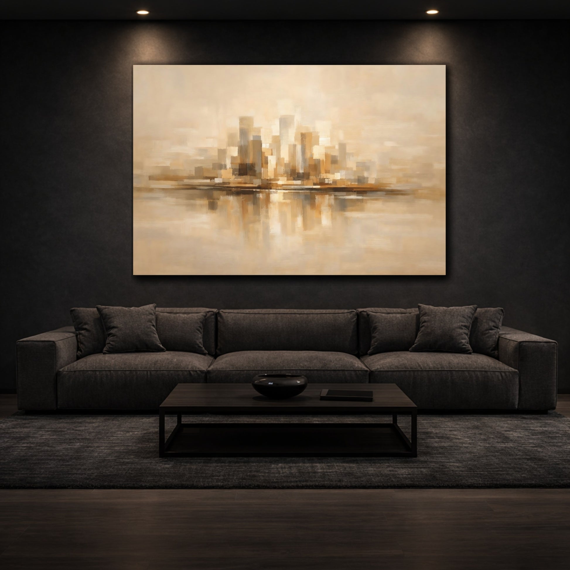 Mockup 2. Urban Warm Beige Abstract Flow shown as stretched canvas wall art