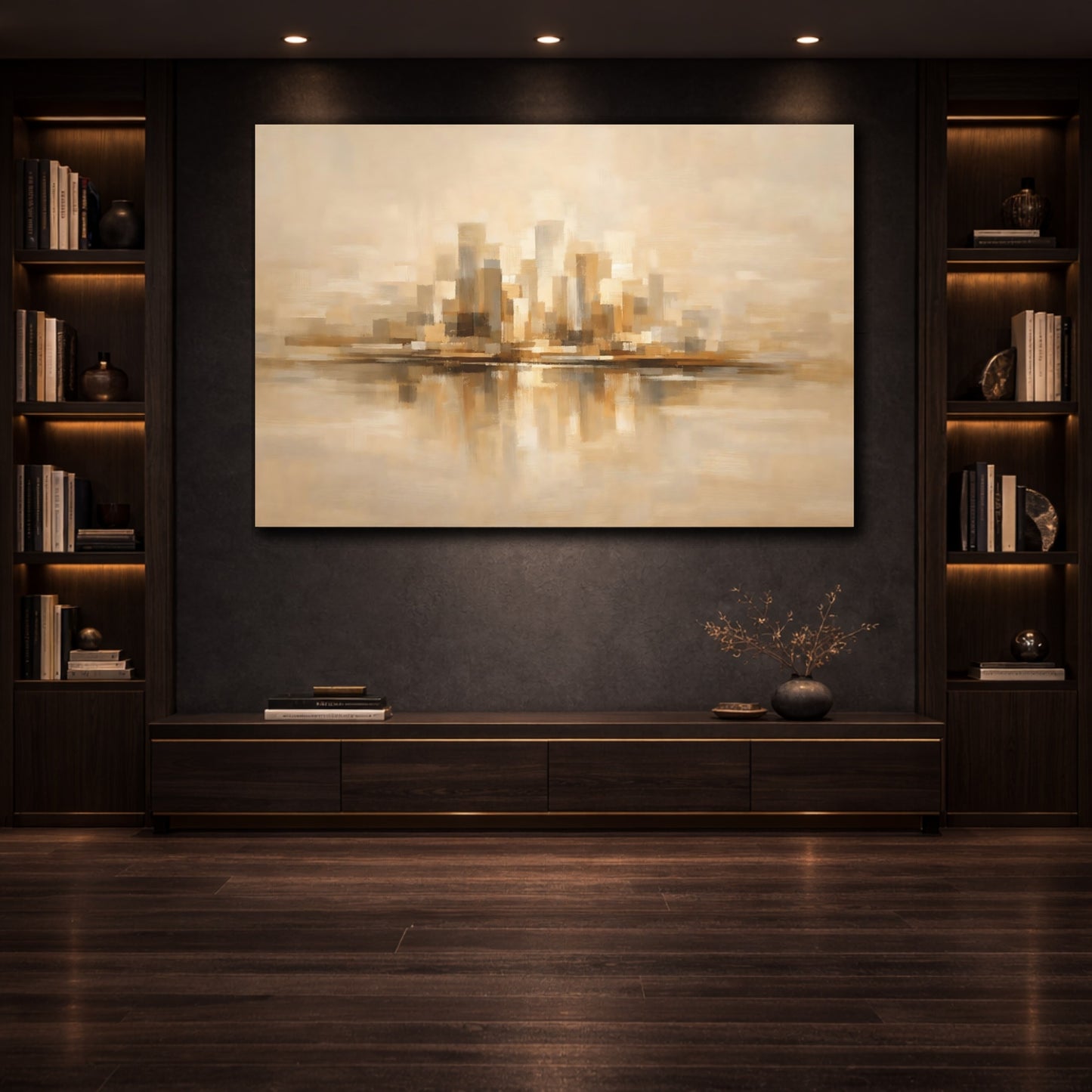 Mockup 3. Urban Warm Beige Abstract Flow shown as stretched canvas wall art