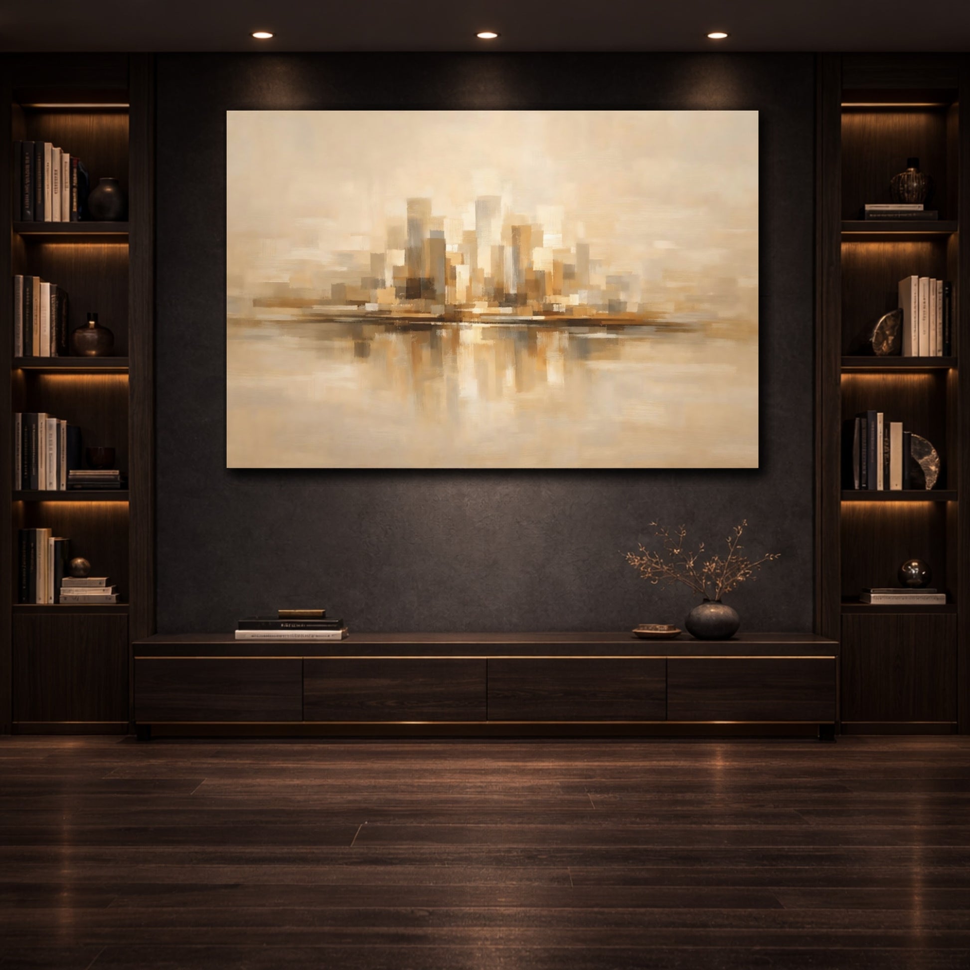 Mockup 3. Urban Warm Beige Abstract Flow shown as stretched canvas wall art