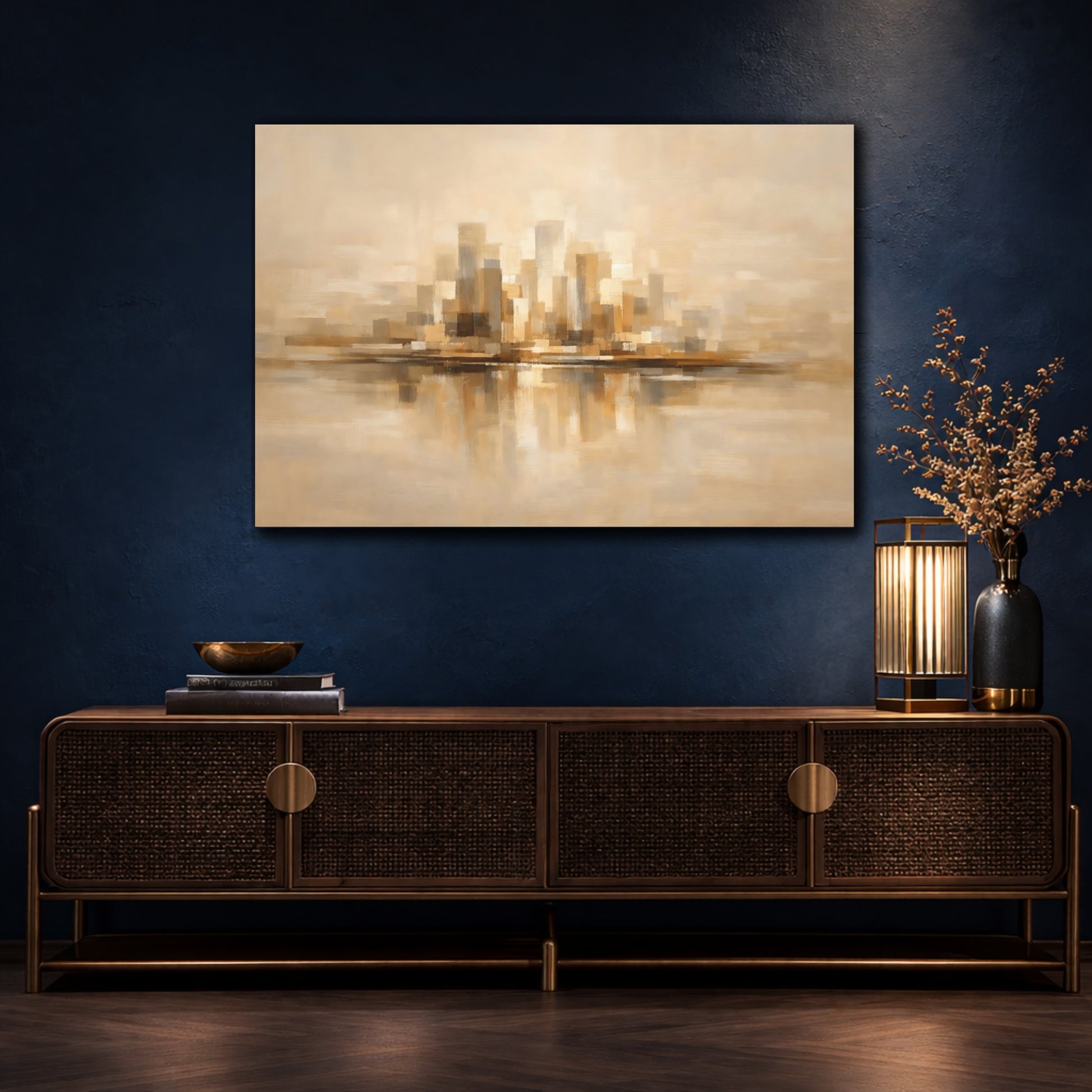 Mockup 4. Urban Warm Beige Abstract Flow shown as stretched canvas wall art