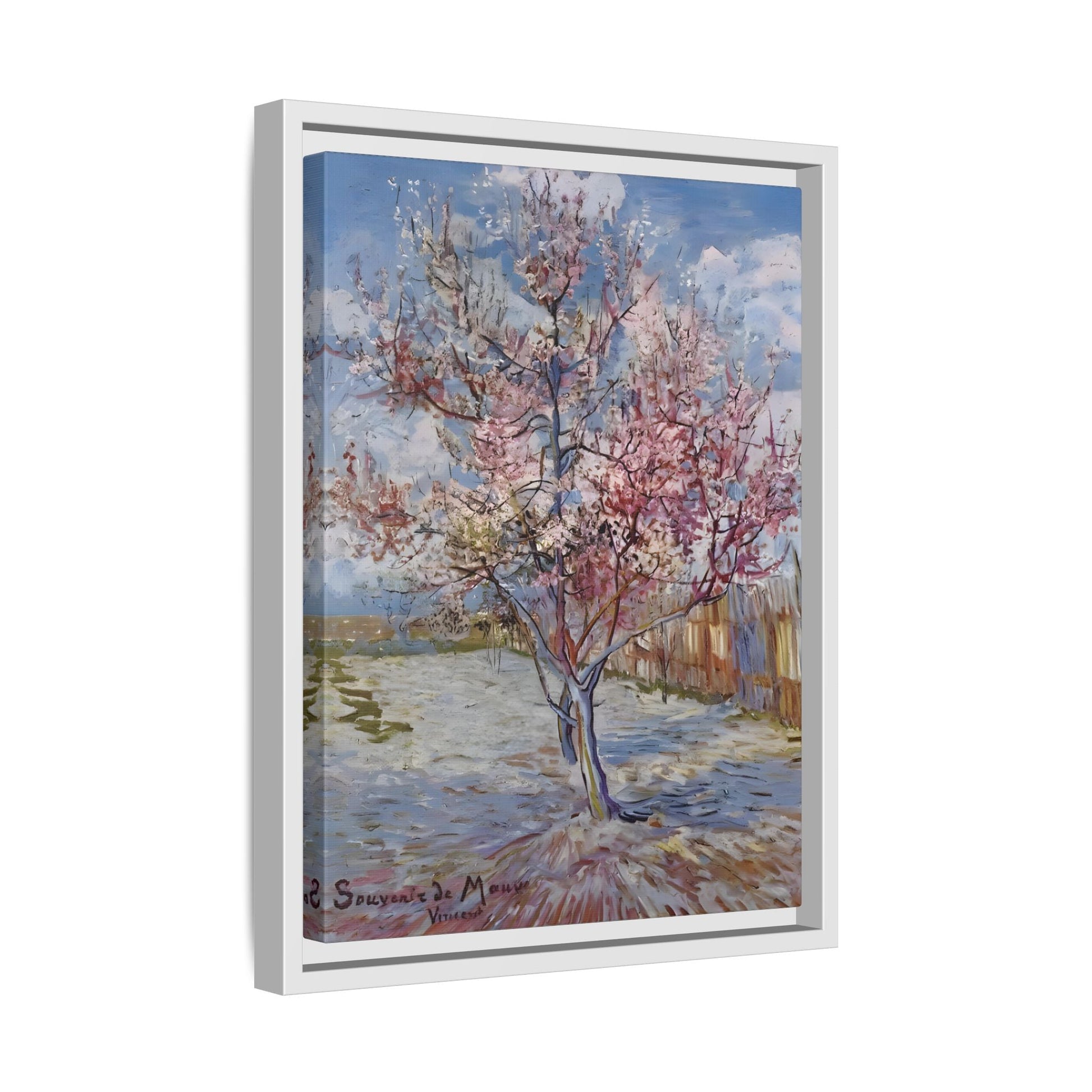 Van Gogh Pink Peach Tree Framed Canvas Print - Famous Artist Wall Art