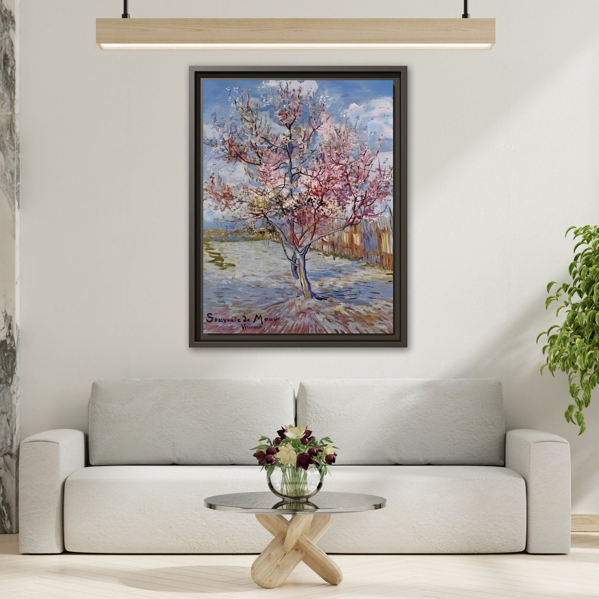 Van Gogh Pink Peach Tree Framed Canvas Print - Famous Artist Wall Art