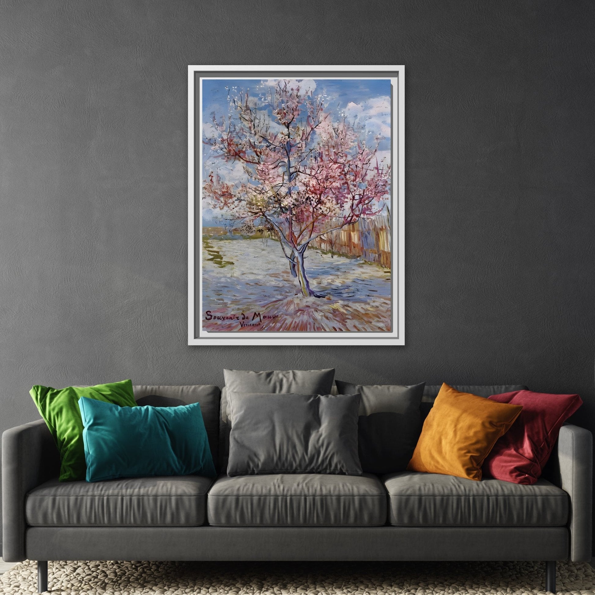 Van Gogh Pink Peach Tree Framed Canvas Print - Famous Artist Wall Art