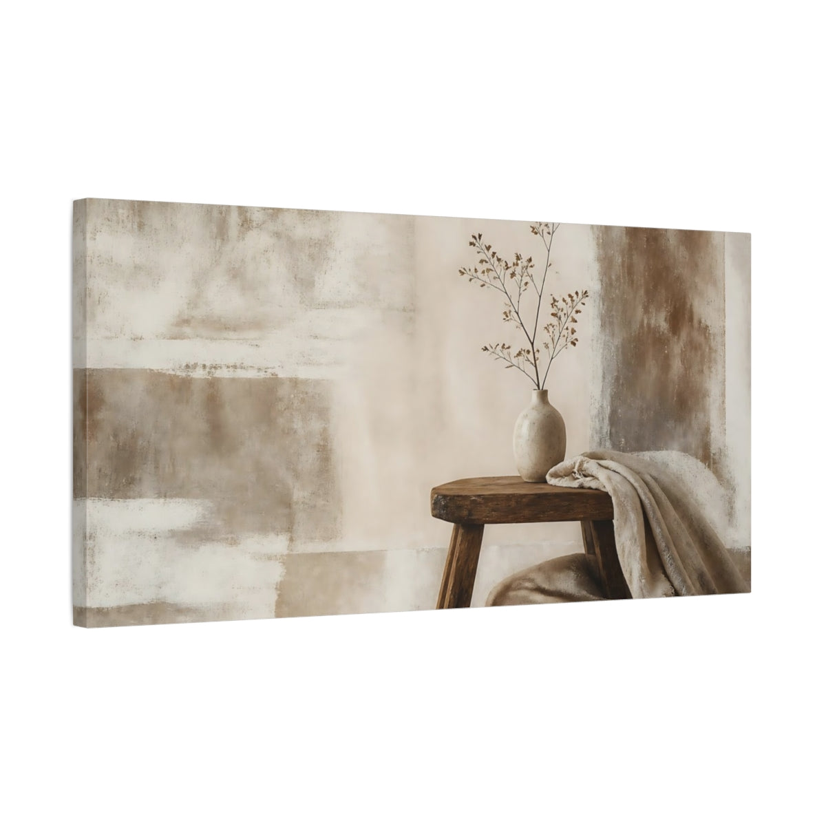 Side Mockup 1. Vase On Rustic Stool shown as canvas print