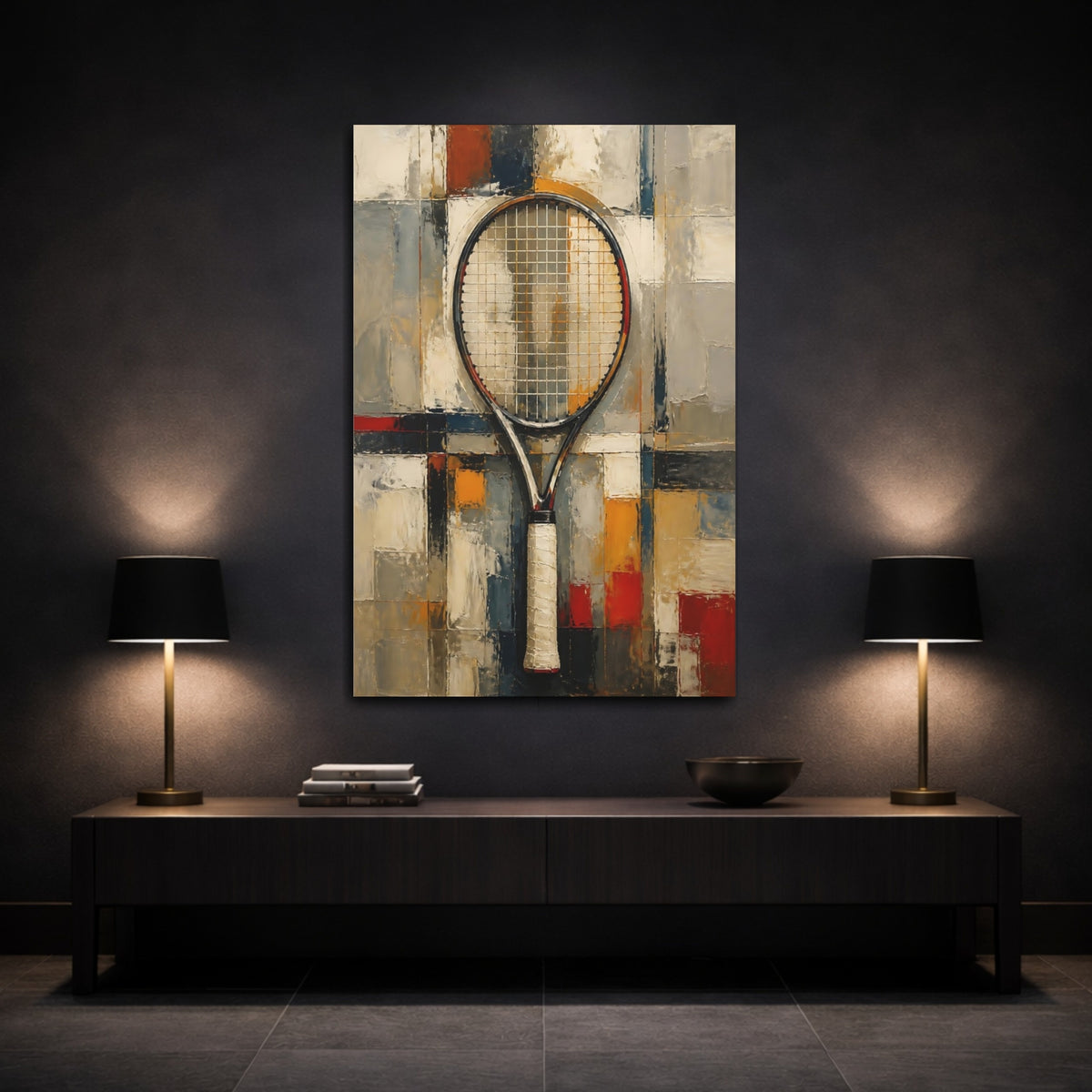 Mockup 3. Vertical Tennis Racket shown as canvas print