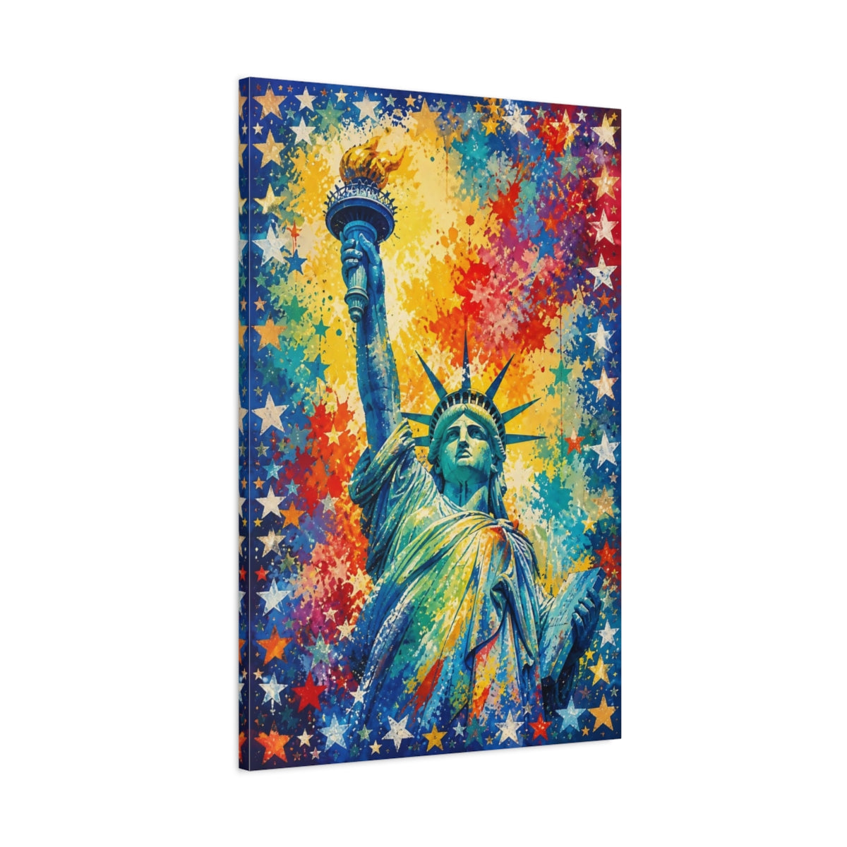Main Mockup. Vibrant Lady Liberty Splash shown as canvas print