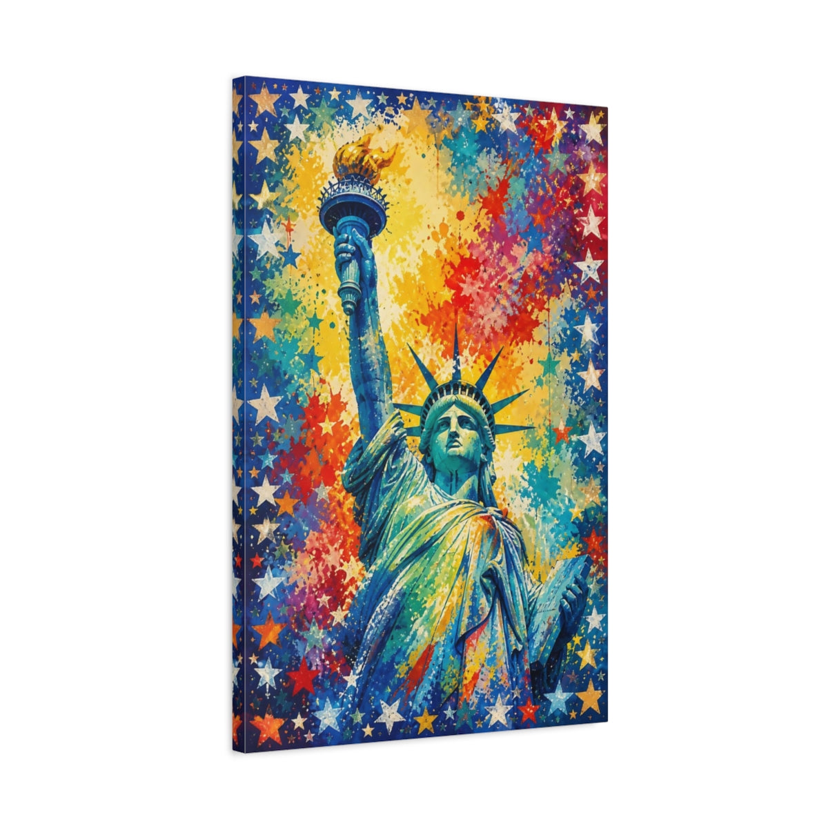 Side Mockup 2. Vibrant Lady Liberty Splash shown as canvas print