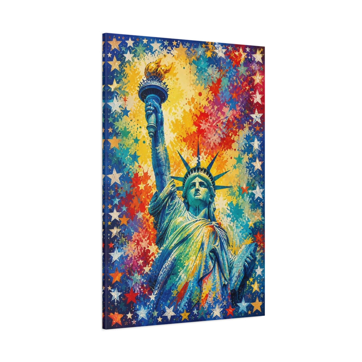 Side Mockup 1. Vibrant Lady Liberty Splash shown as canvas print