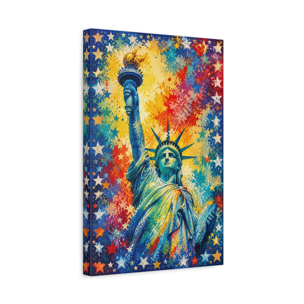 Side Mockup 4. Vibrant Lady Liberty Splash shown as canvas print
