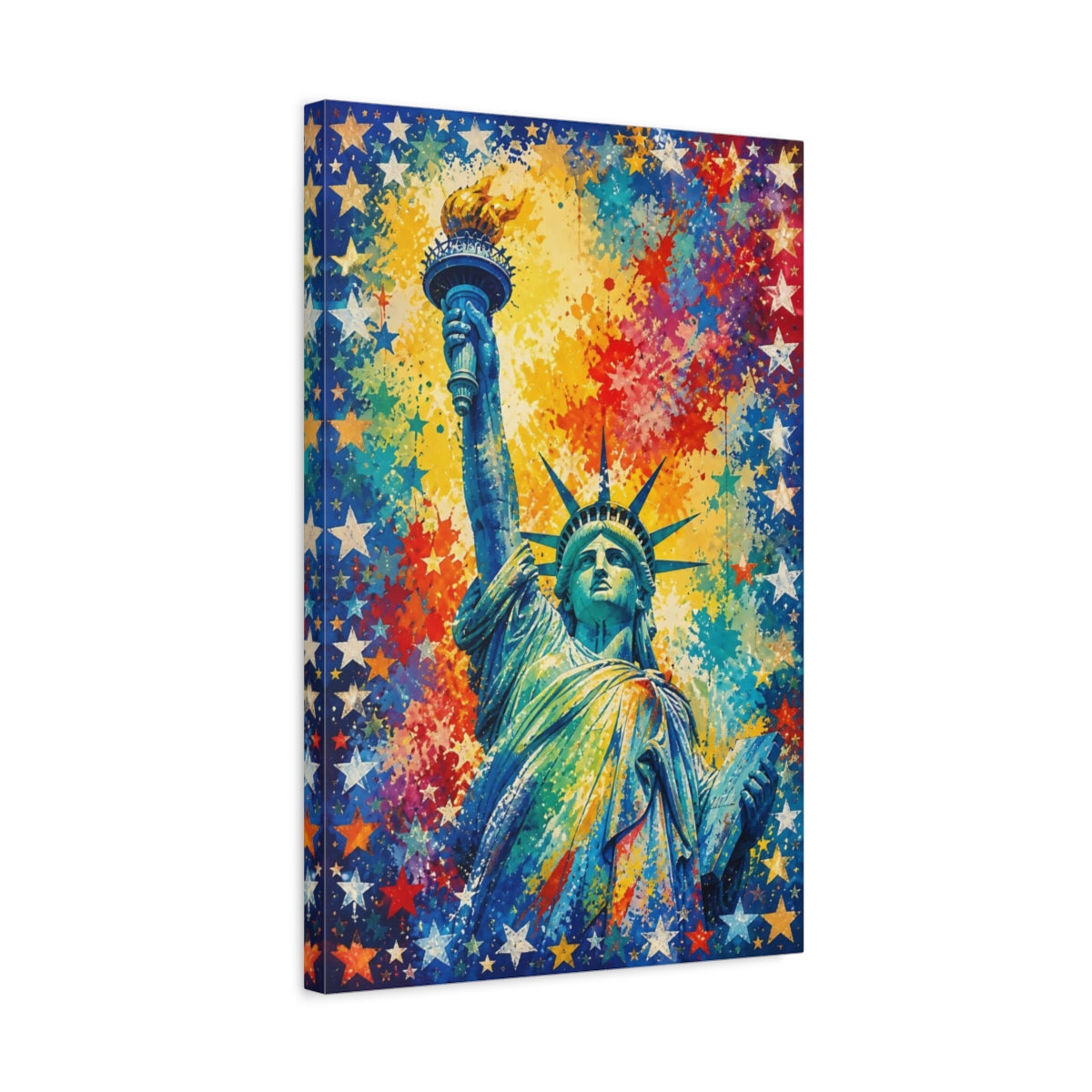 Side Mockup 3. Vibrant Lady Liberty Splash shown as canvas print