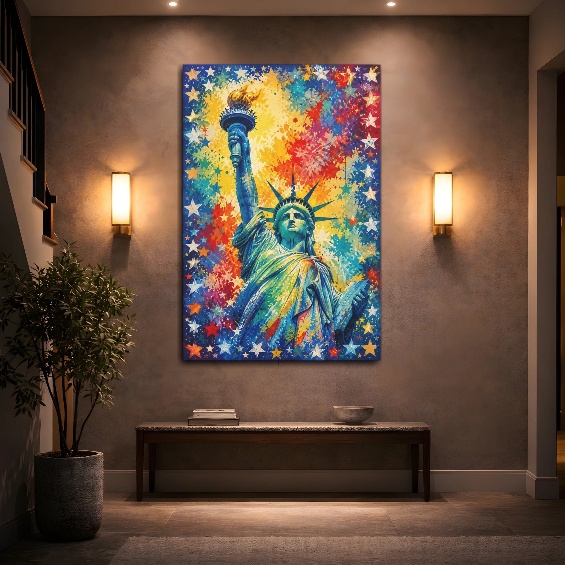 Mockup 2. Vibrant Lady Liberty Splash shown as canvas print